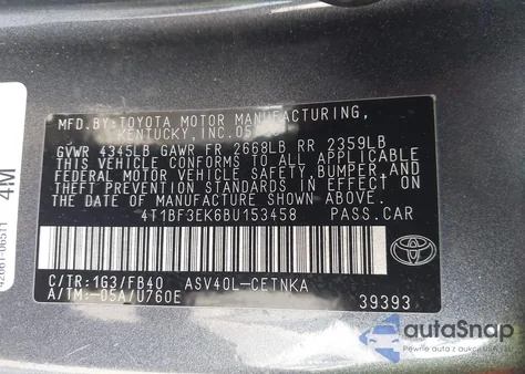 2011 Toyota Camry Le from USA, damaged, VIN 4T1BF3EK6BU153458